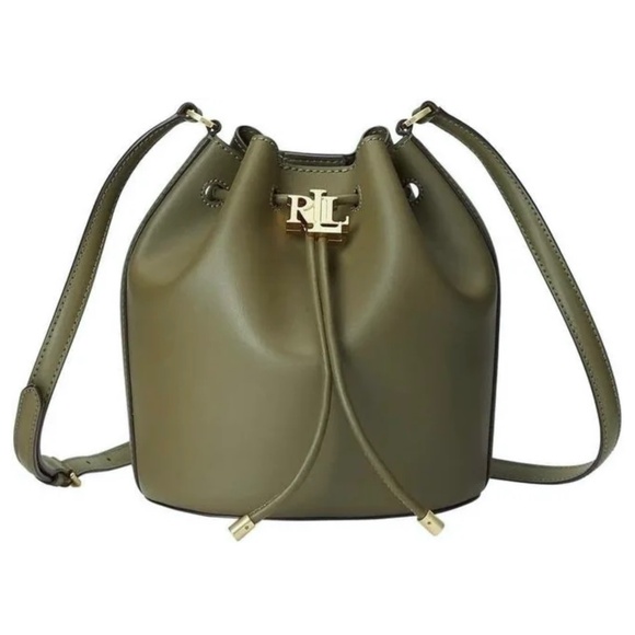 Lauren Ralph Lauren Andie Drawstring Leather Bucket Bag Olive Green - Picture 1 of 14
